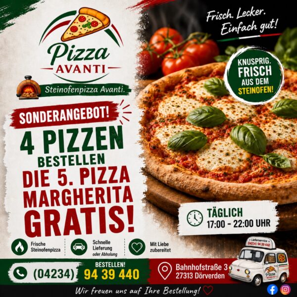 Sonderangebot: 4 Pizzen bestellen, die 5. Pizza Margherita gratis